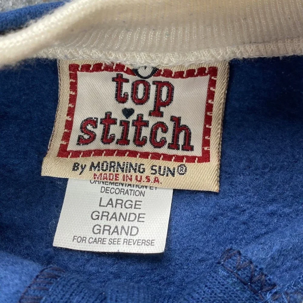 VTG‎ Morning Sun Top Stitch Cardigan Sweatshirt L Blue Birdhouse Embroidered USA